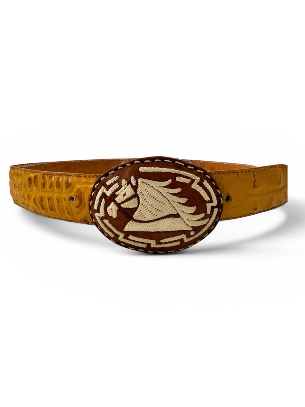Genuine Leather Handcrafted Mustard Yellow Leather Belt Horse Embroidered Buckle